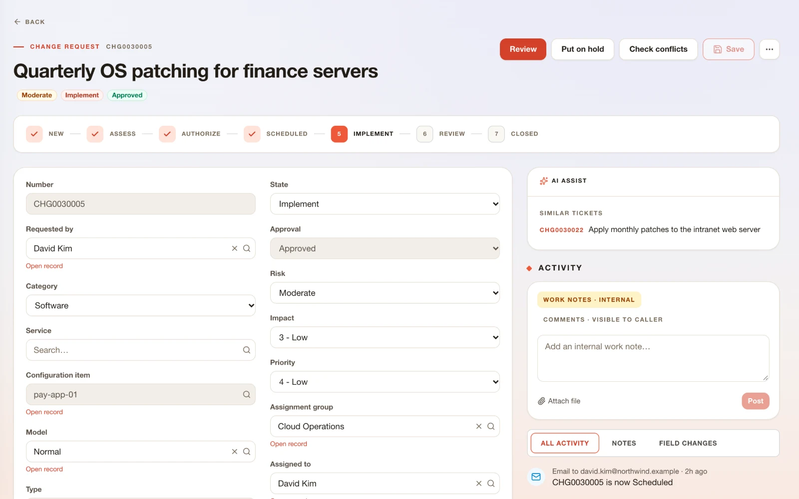 A change request in ResolvrNow in the Implement stage