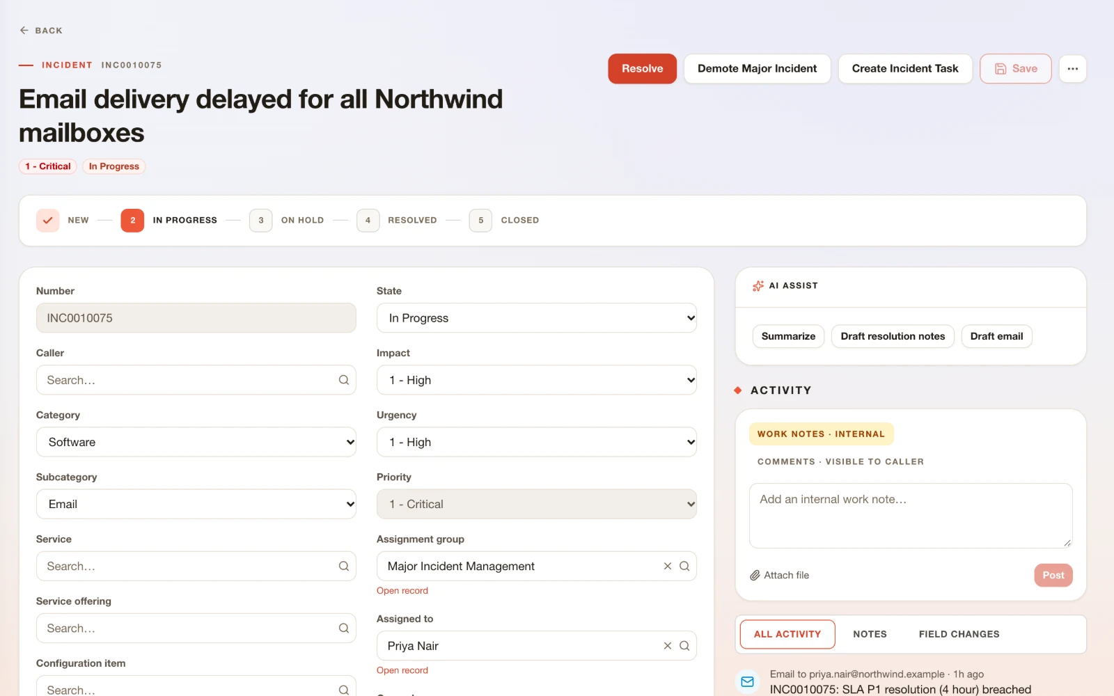 An incident in ResolvrNow showing its state steps, form fields and activity stream