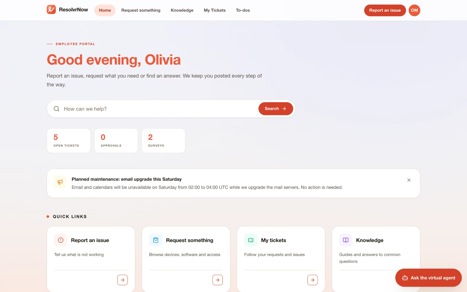 The ResolvrNow employee portal home with search, quick links and topics