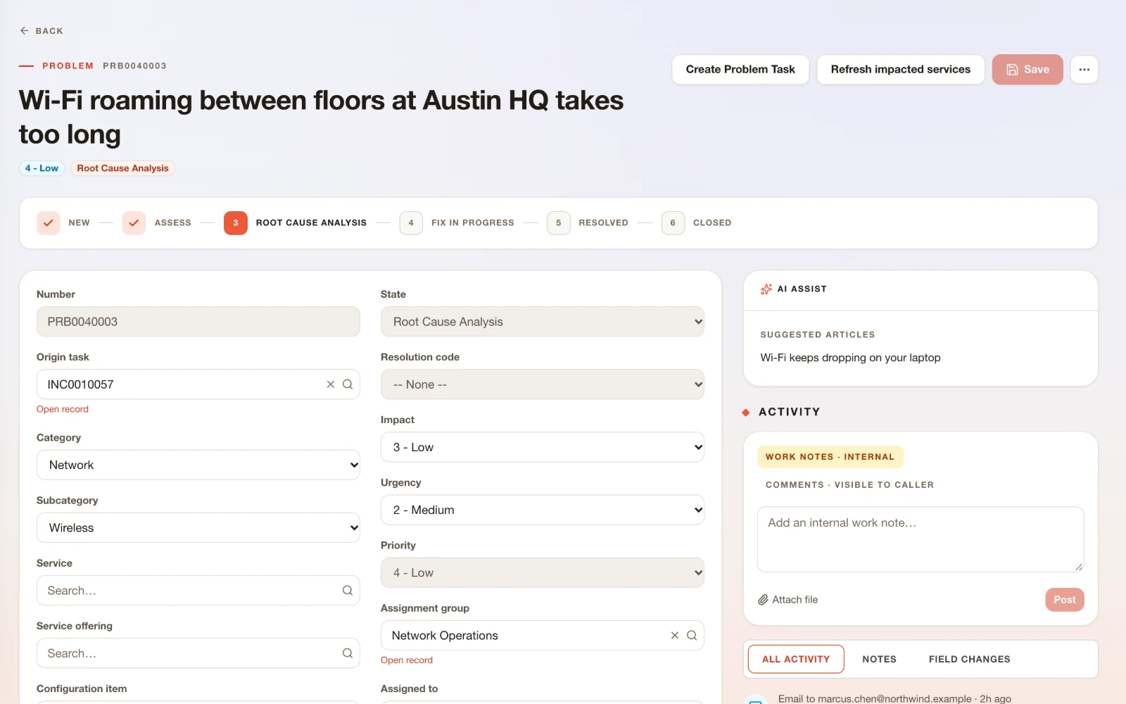 A problem record in ResolvrNow during root cause analysis